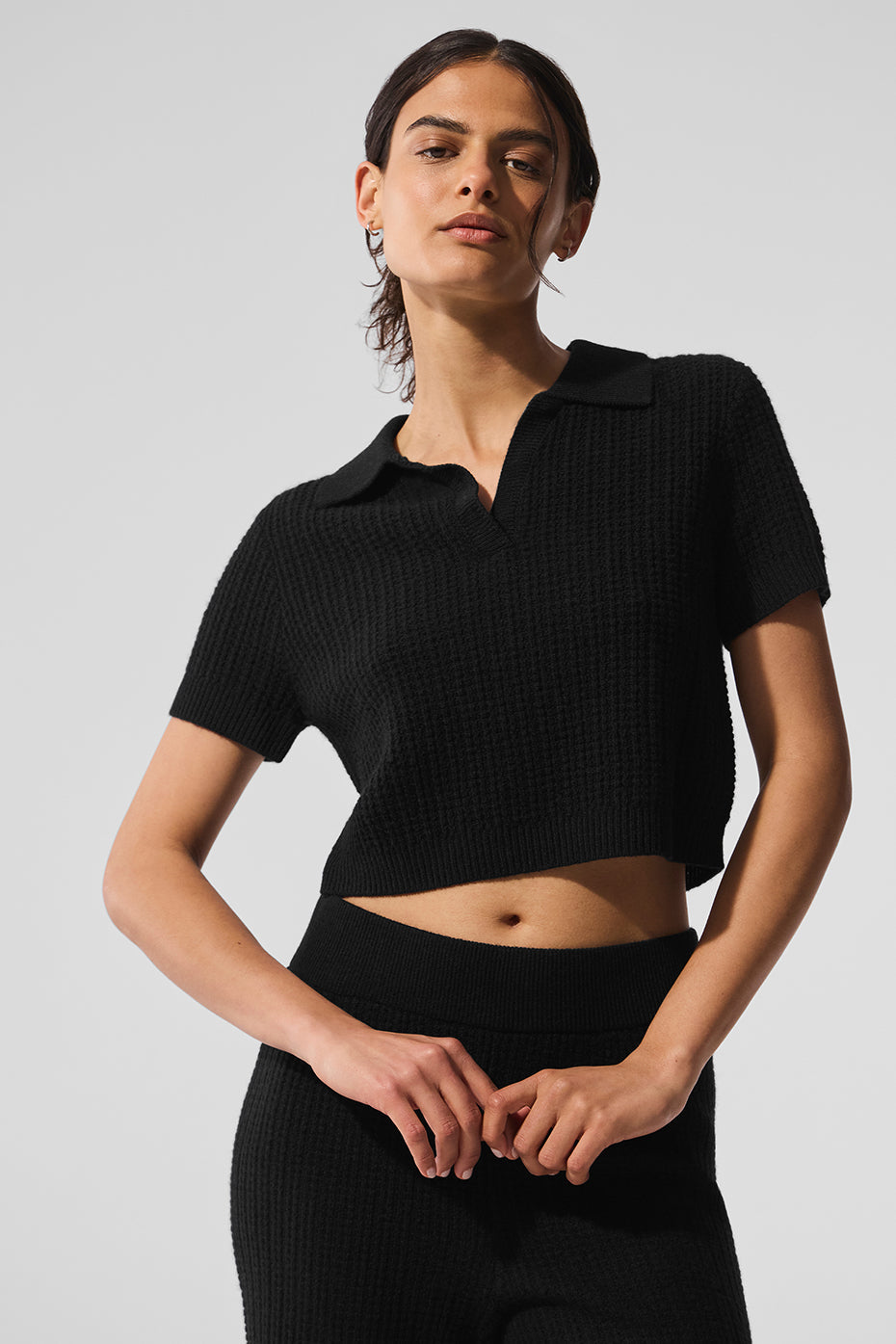 Cashmere Plush Waffle Polo Tee - Black