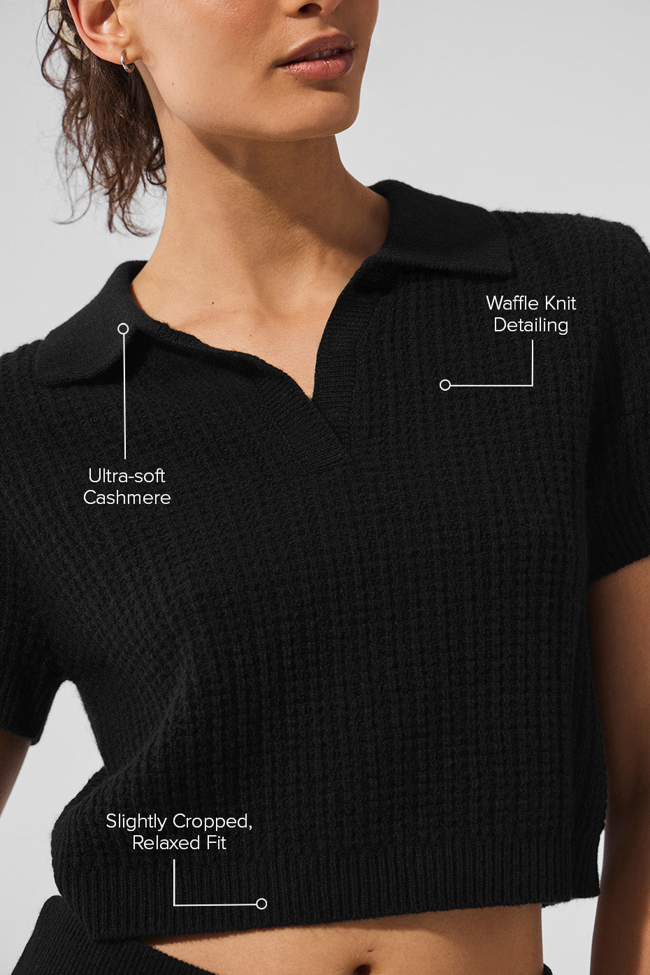 Cashmere Plush Waffle Polo Tee - Black
