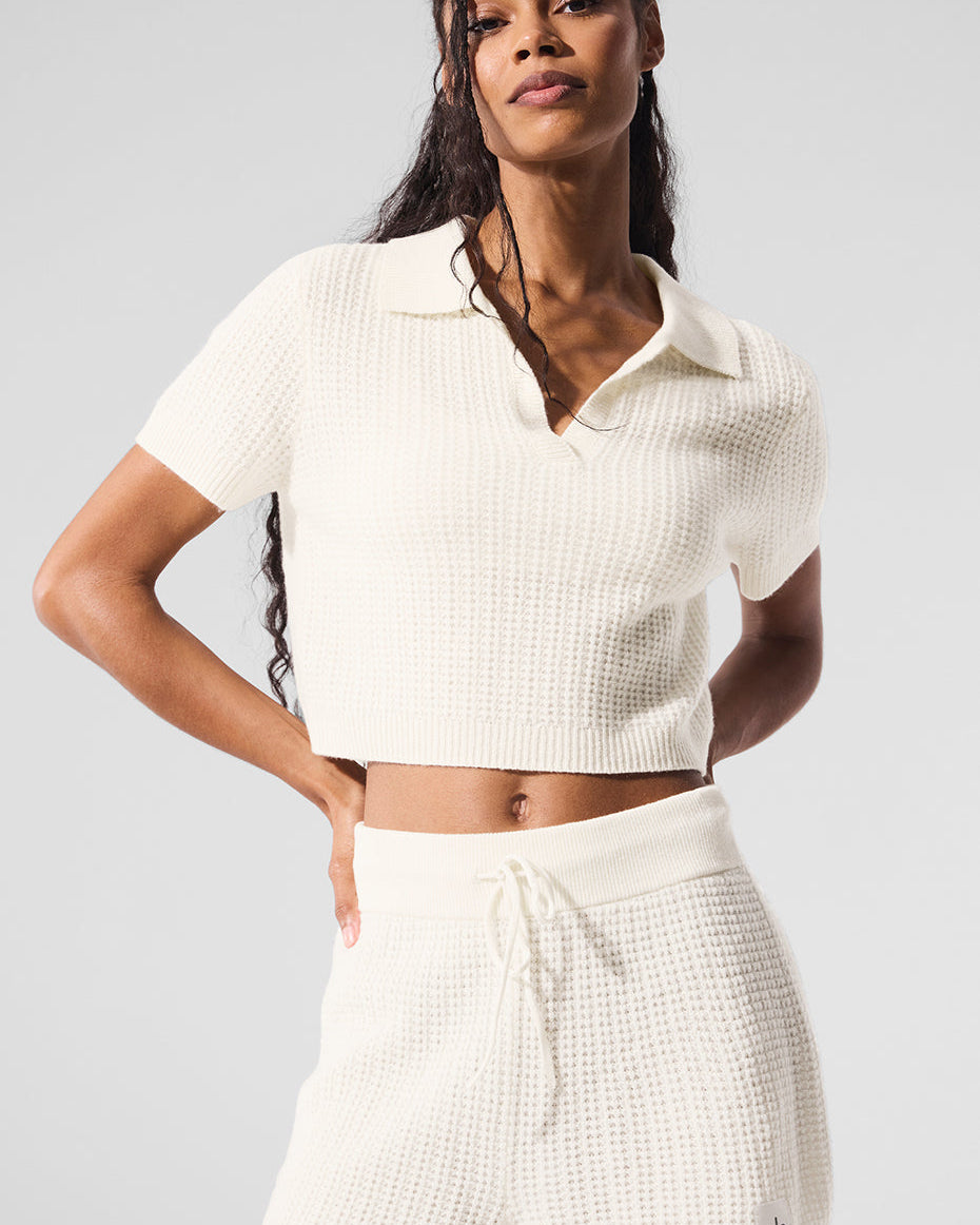 Cashmere Plush Waffle Polo Tee - Ivory