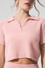 Cashmere Plush Waffle Polo Tee - Pink Quartz