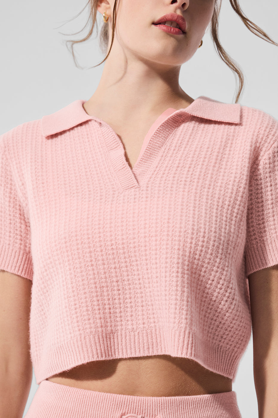 Cashmere Plush Waffle Polo Tee - Pink Quartz