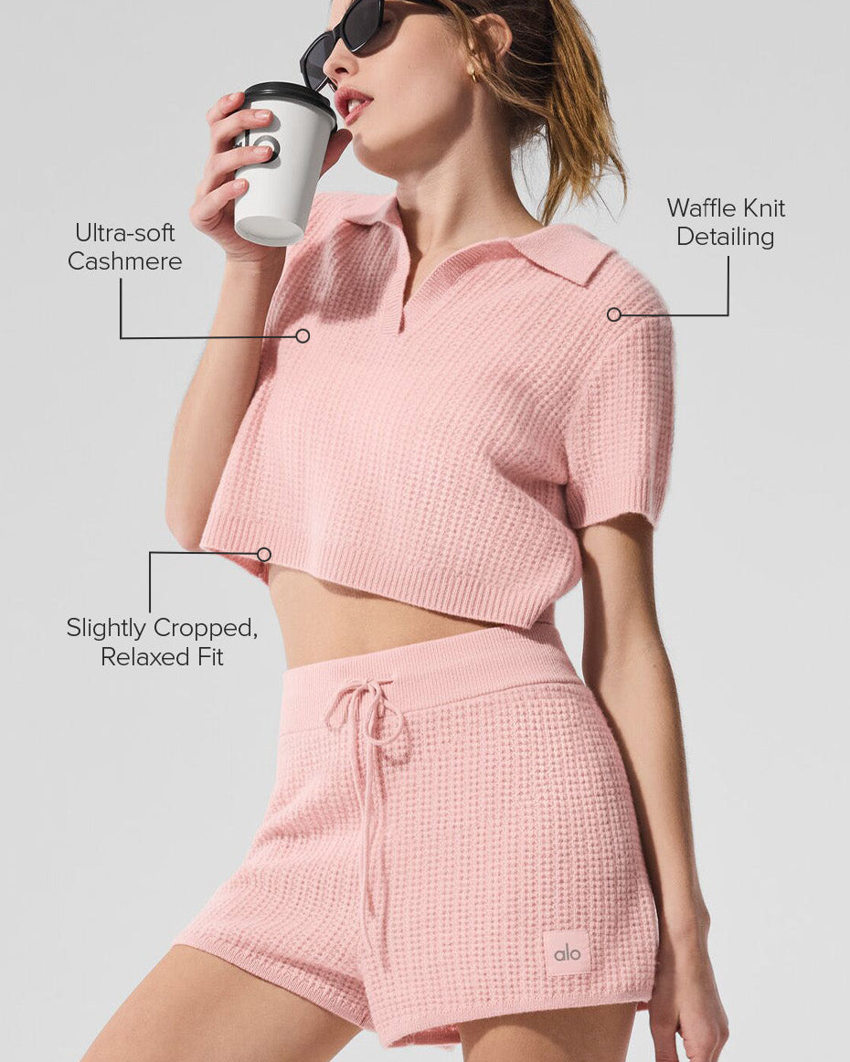 Cashmere Plush Waffle Polo Tee - Pink Quartz