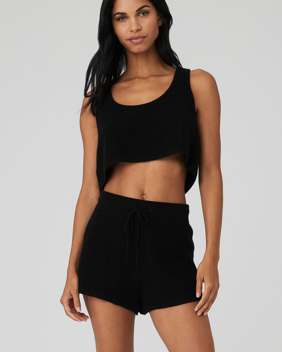 Cashmere Plush Waffle Cropped Tank - Black