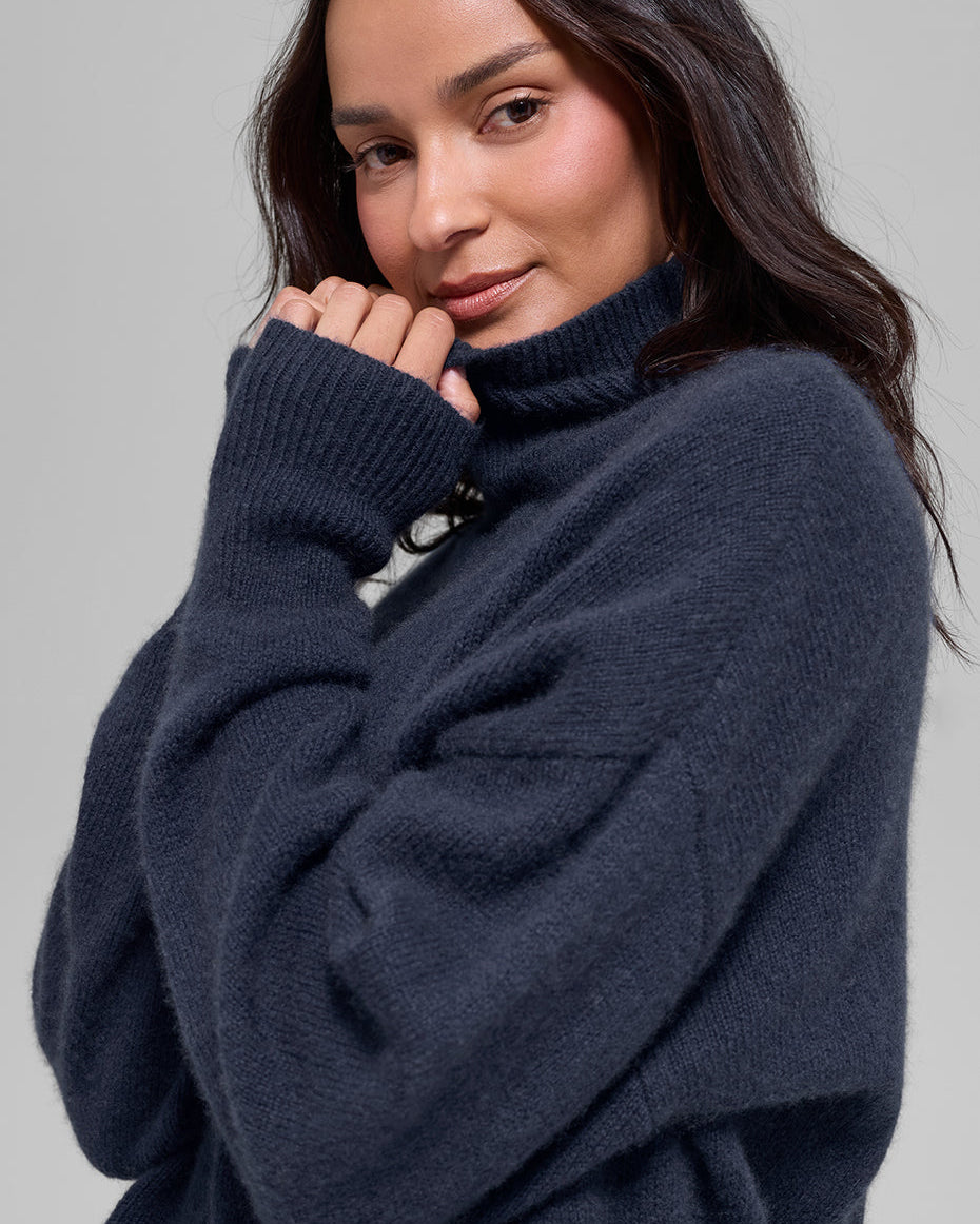 Wool Cashmere Cropped New Class Turtleneck Sweater - Navy