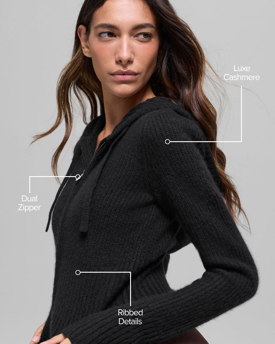Wool Cashmere Ribbed Noble Full Zip Hoodie - Black
