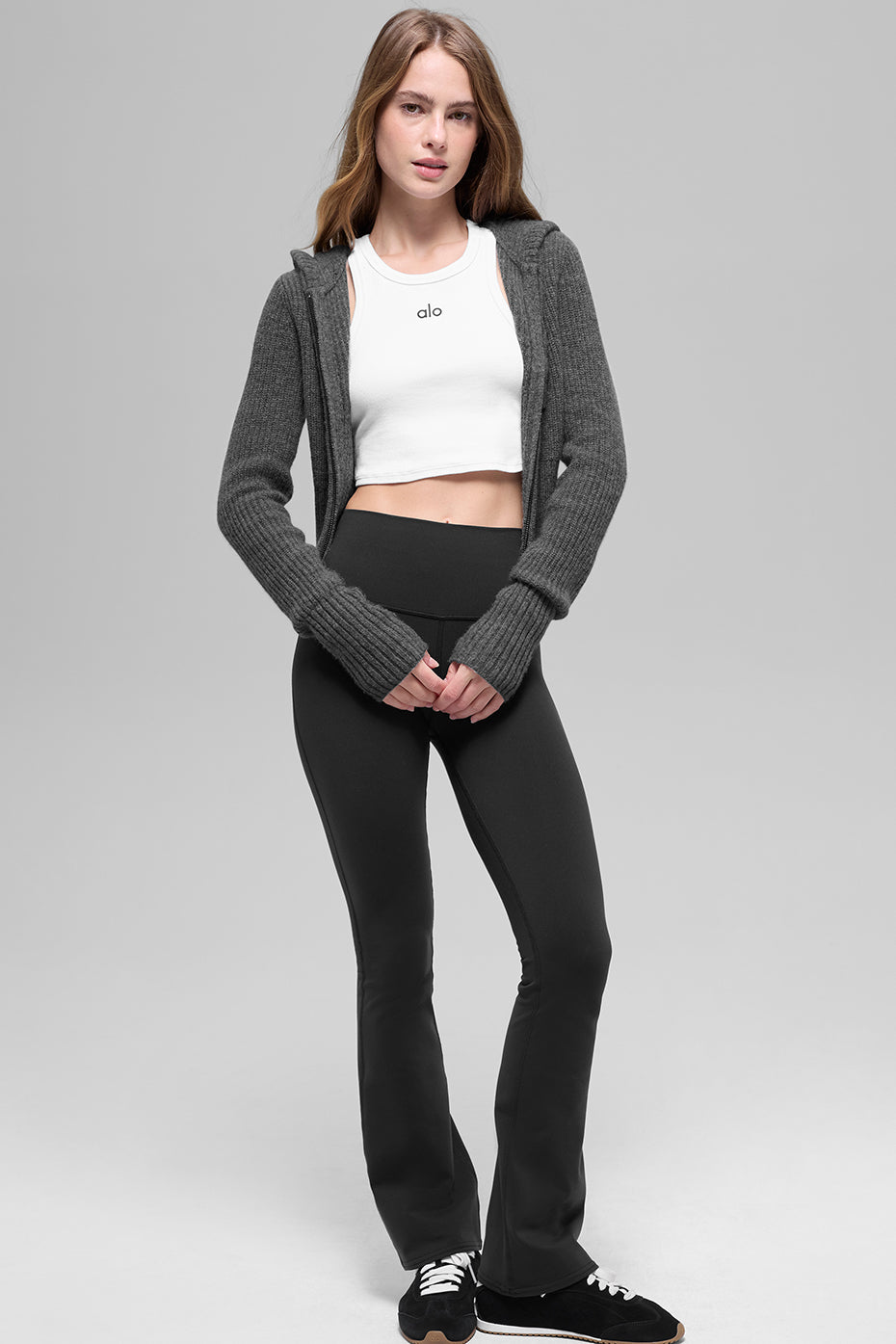 Wool Cashmere Ribbed Noble Full Zip Hoodie - Platinum Grey