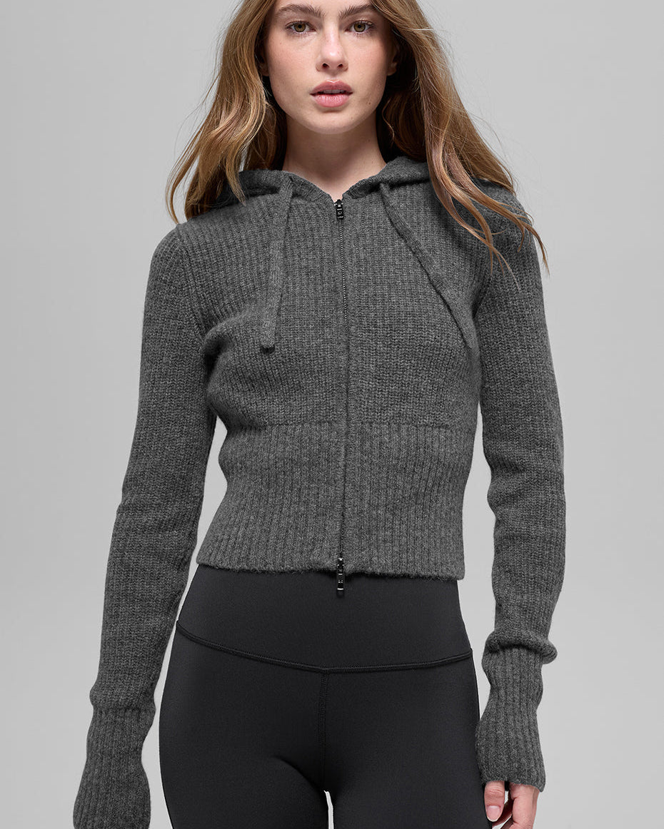 Wool Cashmere Ribbed Noble Full Zip Hoodie - Platinum Grey
