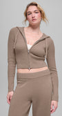Wool Cashmere Ribbed Noble Full Zip Hoodie - Chai Latte