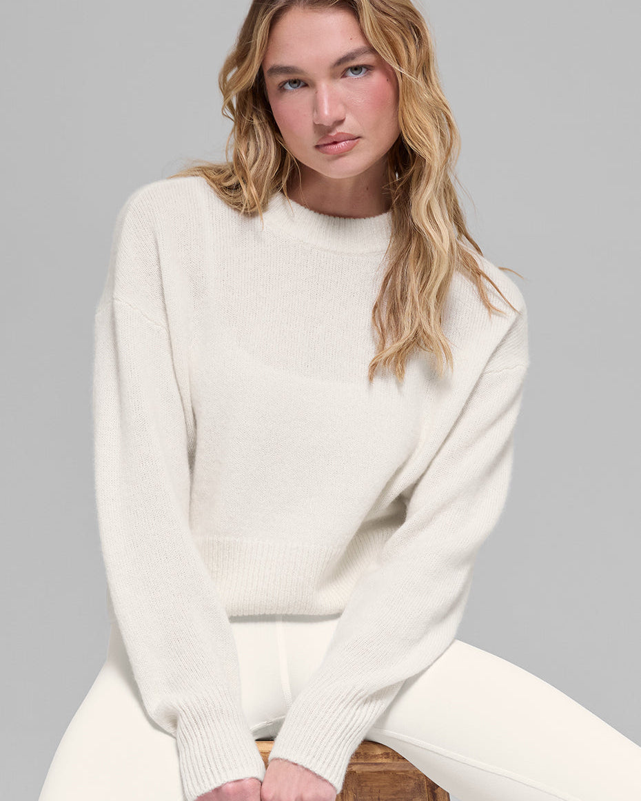 Wool Cashmere Cropped New Class Crewneck Sweater - Ivory