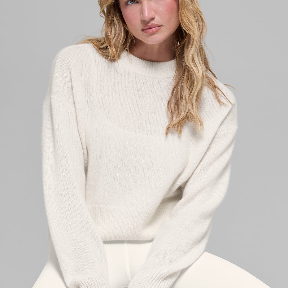 Wool Cashmere Cropped New Class Crewneck Sweater - Ivory