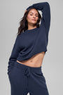 Wool Cashmere Cropped New Class Crewneck Sweater - Navy