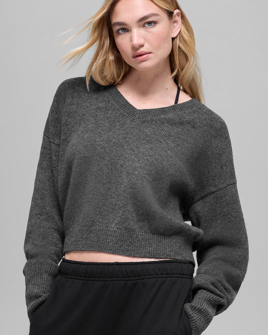 Wool Cashmere Cropped New Class V-Neck Sweater - Platinum Grey