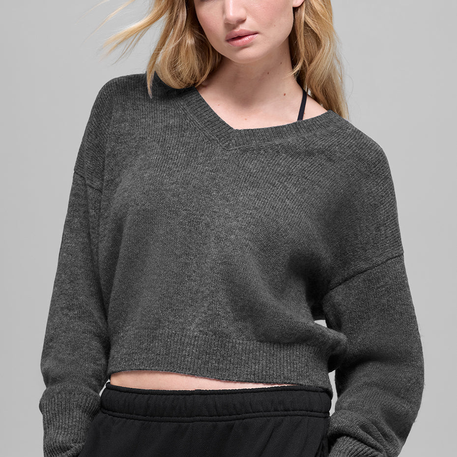 Wool Cashmere Cropped New Class V-Neck Sweater - Platinum Grey