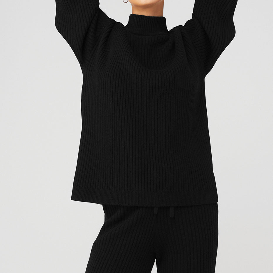 Cashmere Ribbed Winter Dream Mock Neck Coverup - Black
