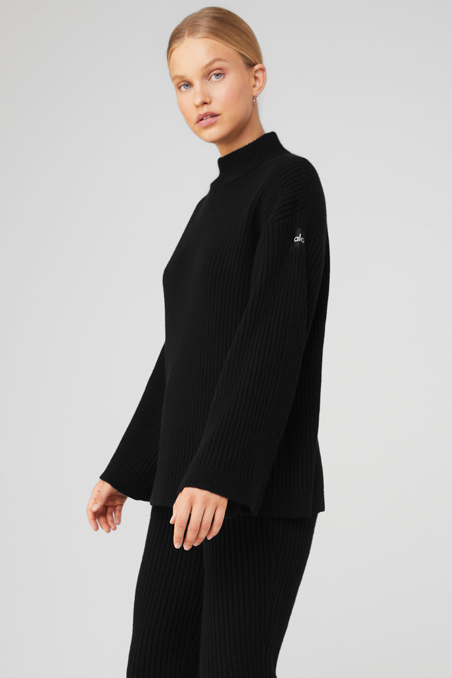 Cashmere Ribbed Winter Dream Mock Neck Coverup - Black
