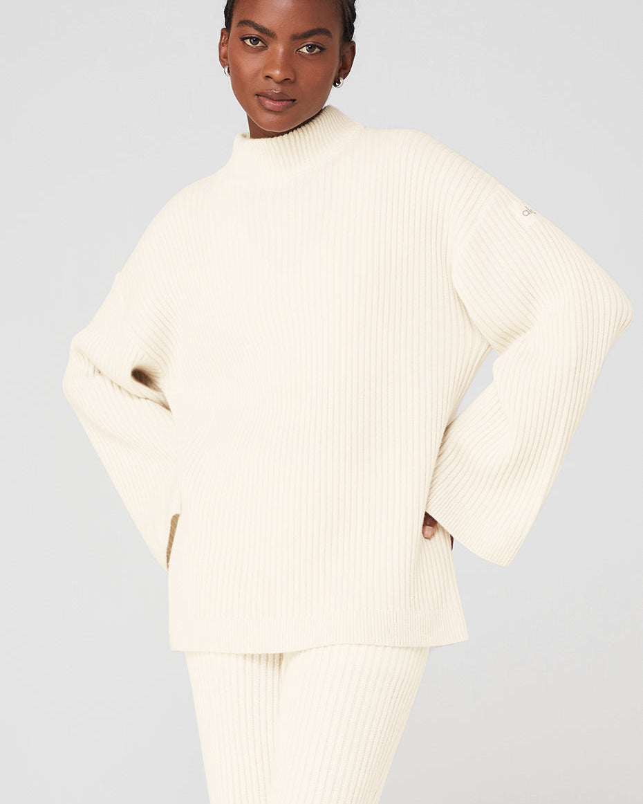 Cashmere Ribbed Winter Dream Mock Neck Coverup - Ivory