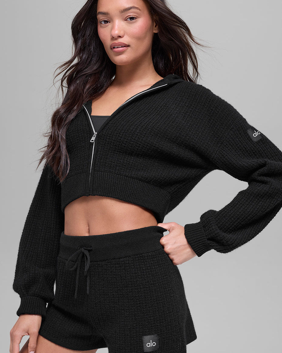 Cashmere Plush Waffle Full Zip Hoodie - Black