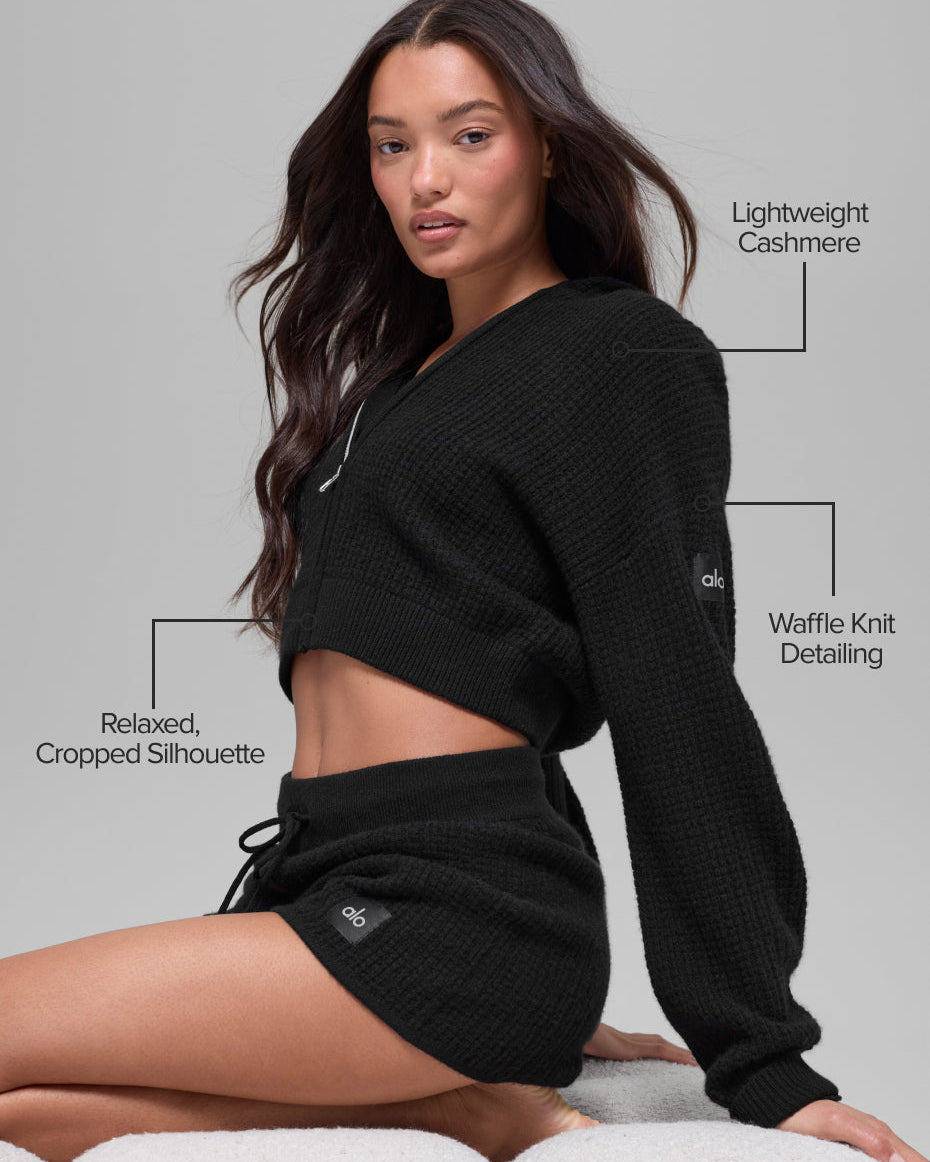 Cashmere Plush Waffle Full Zip Hoodie - Black