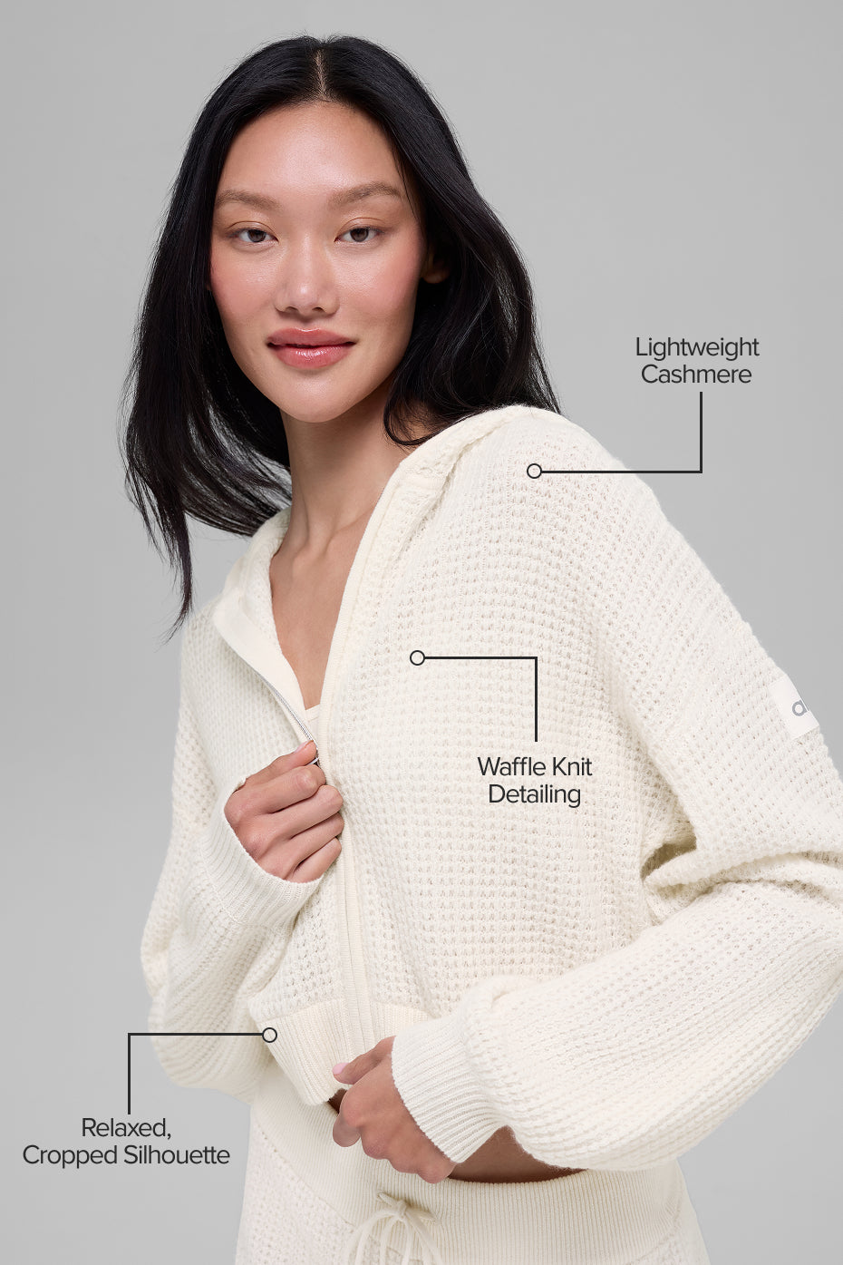 Cashmere Plush Waffle Full Zip Hoodie - Ivory