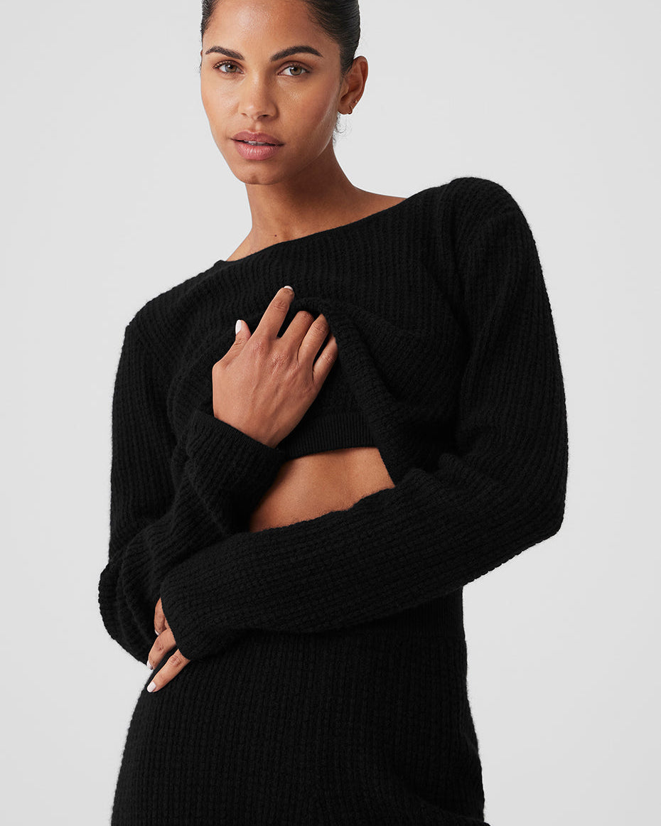 Cashmere Plush Waffle Cropped Long Sleeve - Black