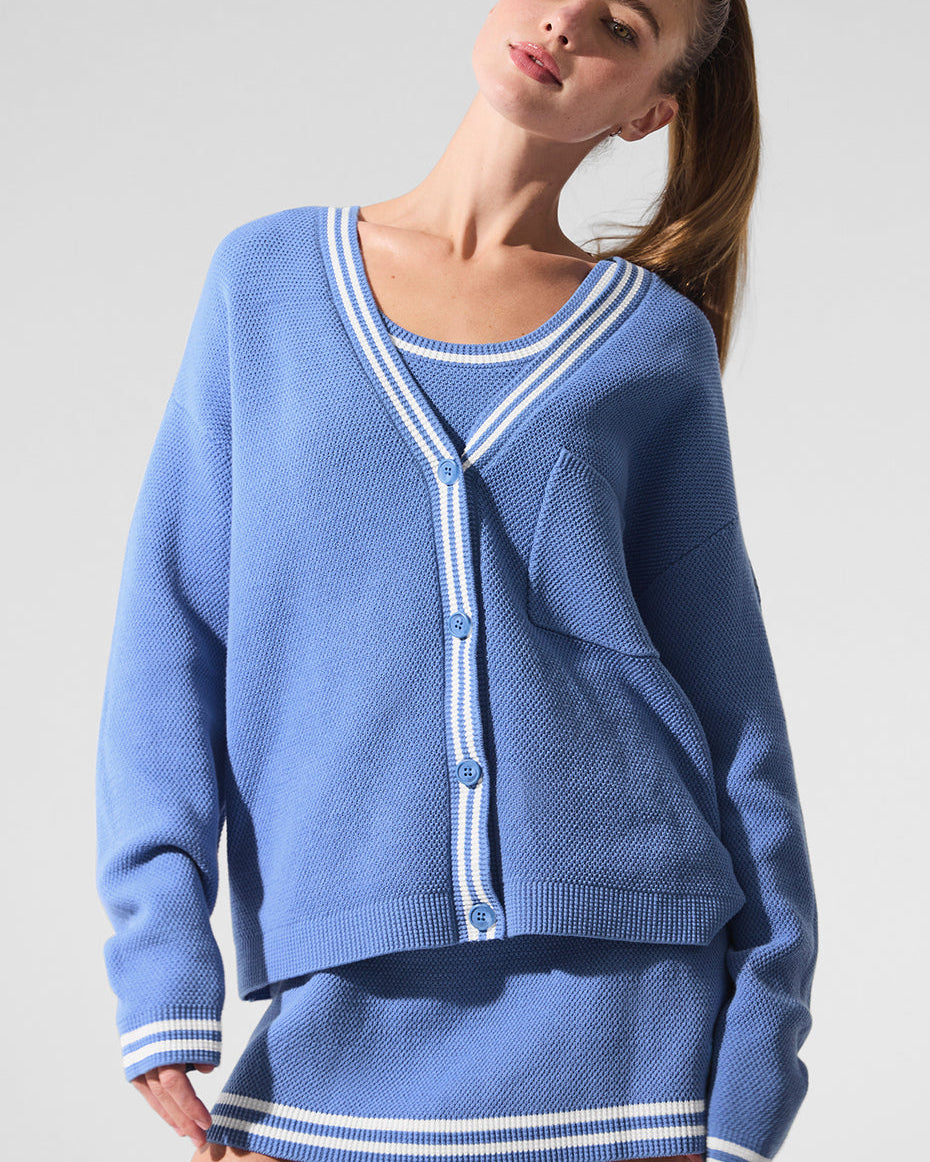 Tennis Club Sweater Knit Cardigan - Crystal Clear Blue/White