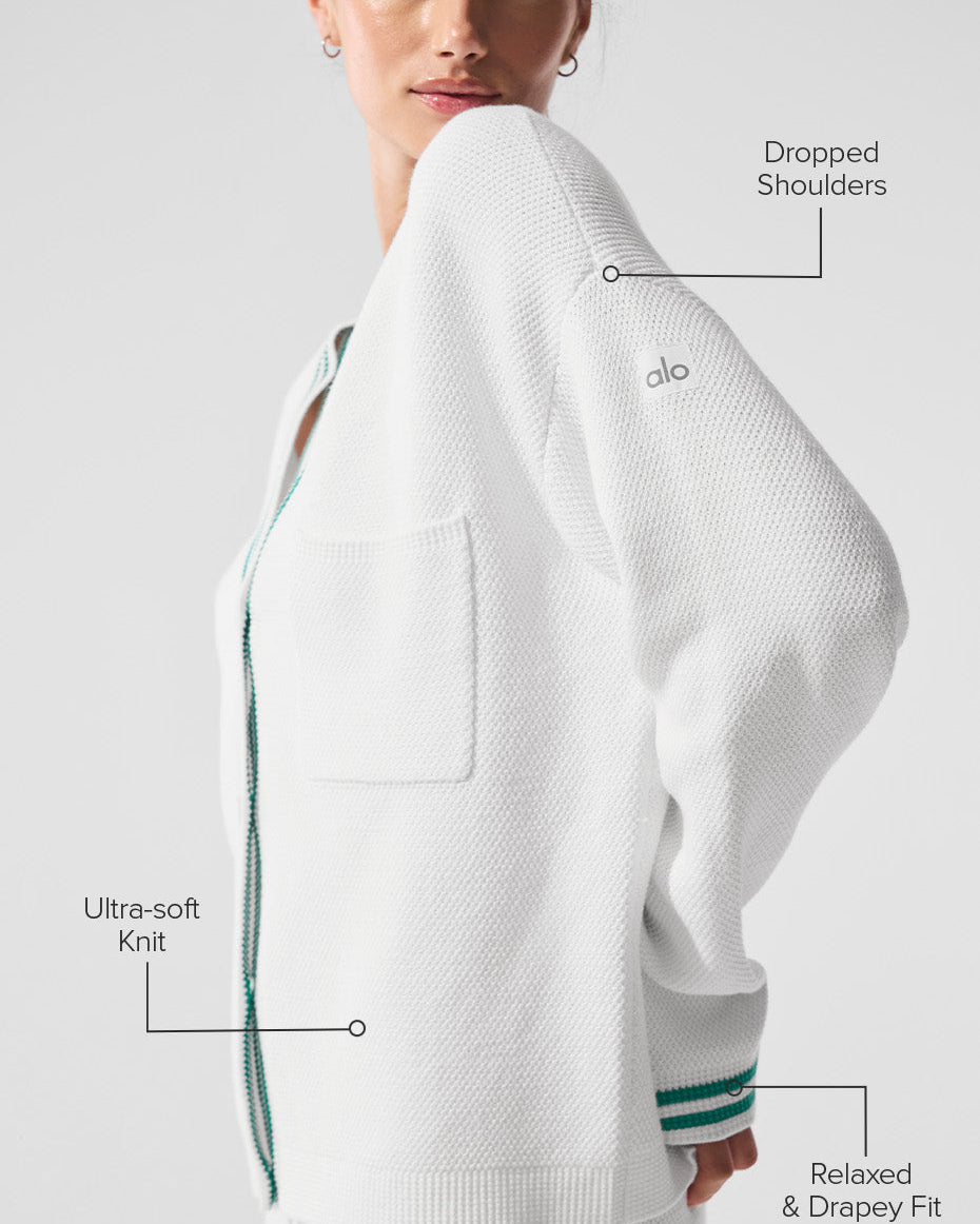 Tennis Club Sweater Knit Cardigan - White/Spruce Green