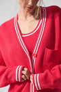 Tennis Club Sweater Knit Cardigan - Candy Red/White