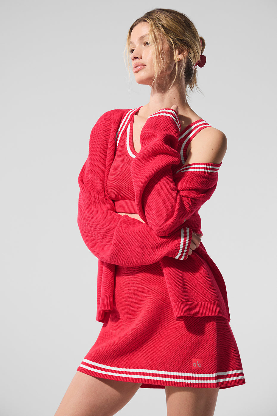 Tennis Club Sweater Knit Cardigan - Candy Red/White