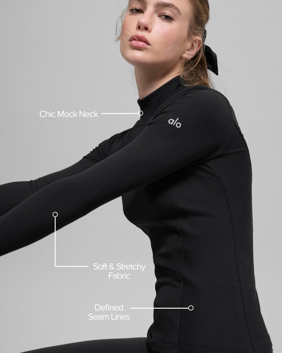 Ribbed Mesmerize Mock Neck Long Sleeve - Black