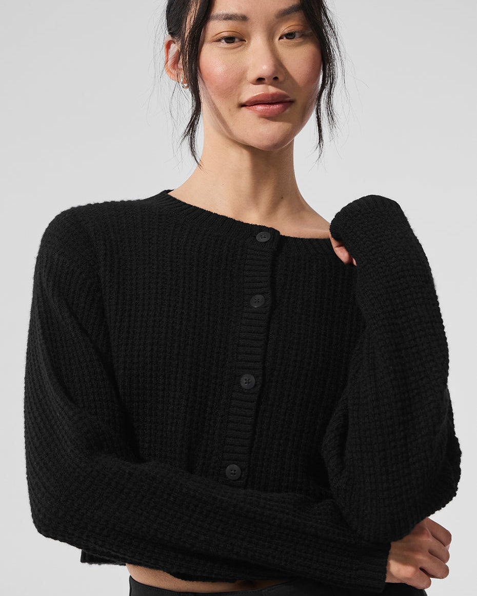 Cashmere Plush Waffle Cardigan - Black