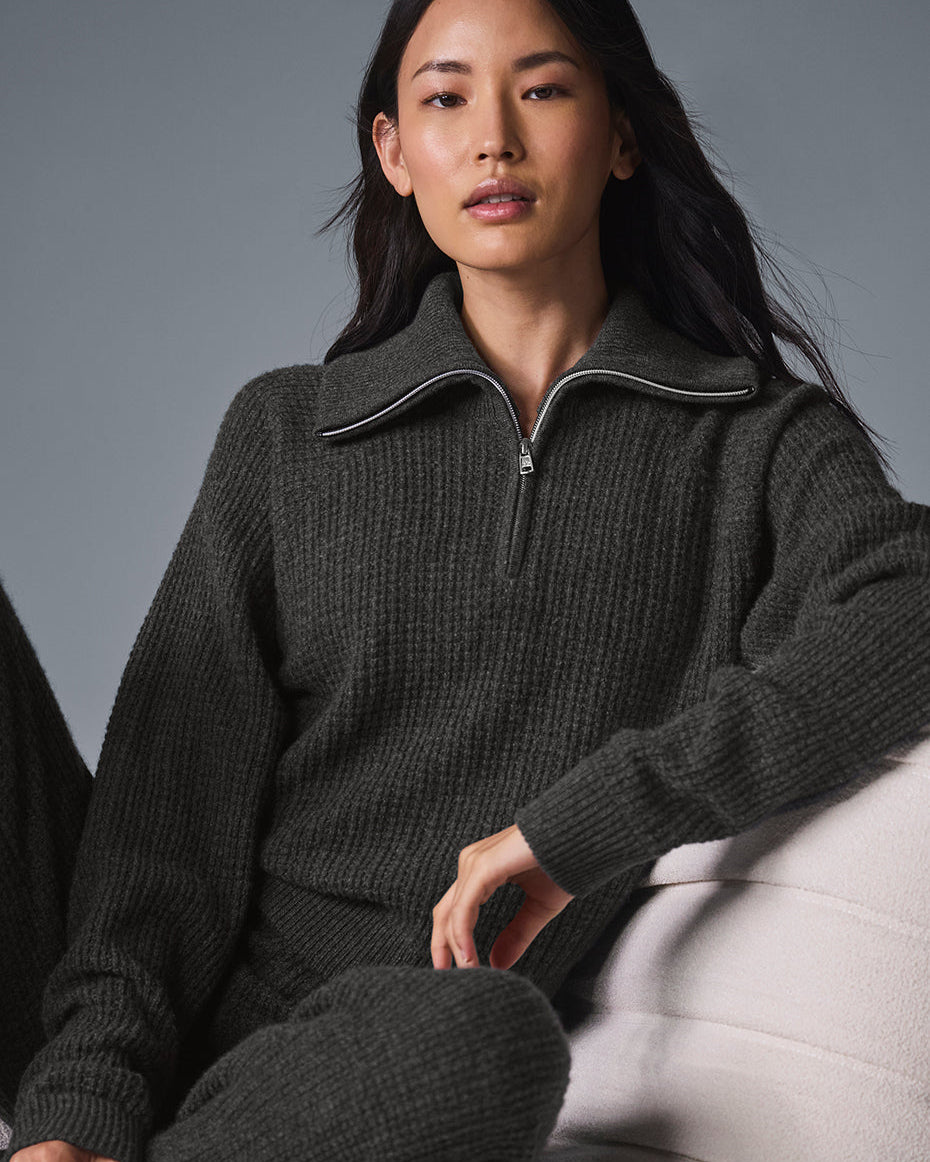 Cashmere Plush Waffle 1/4 Zip Pullover - Dark Heather Grey