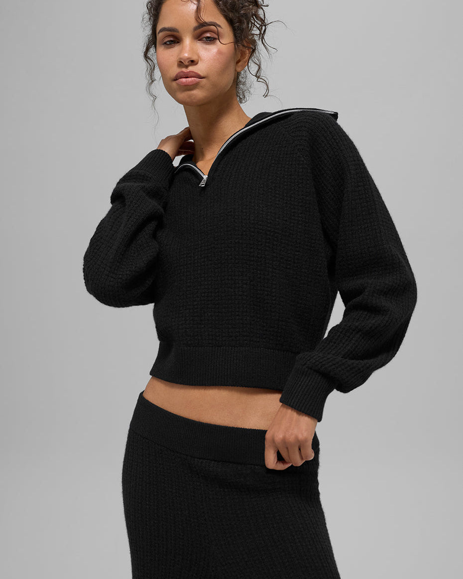 Cashmere Plush Waffle 1/4 Zip Pullover - Black
