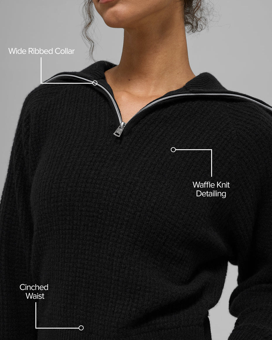 Cashmere Plush Waffle 1/4 Zip Pullover - Black