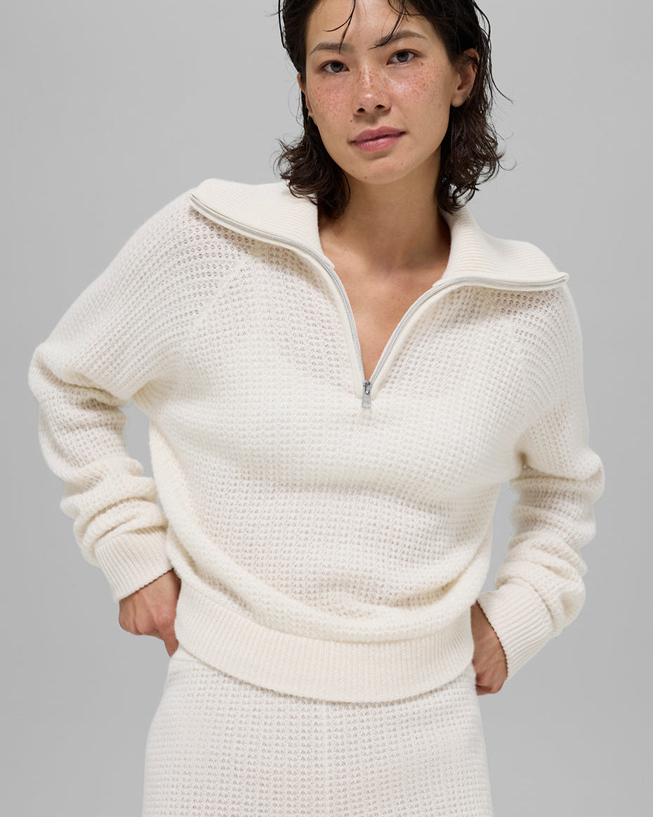 Cashmere Plush Waffle 1/4 Zip Pullover - Ivory
