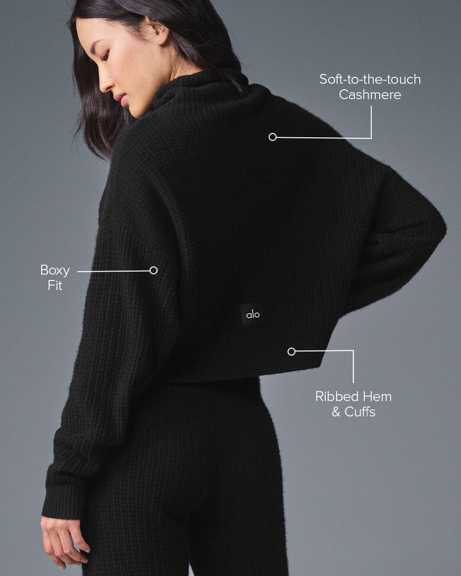 Cashmere Plush Waffle Turtleneck Pullover - Black