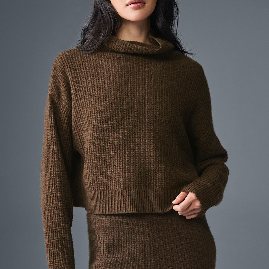 Cashmere Plush Waffle Turtleneck Pullover - Espresso