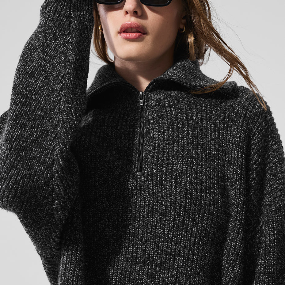 Marl Sweater 1/4 Zip Pullover - Black Marl