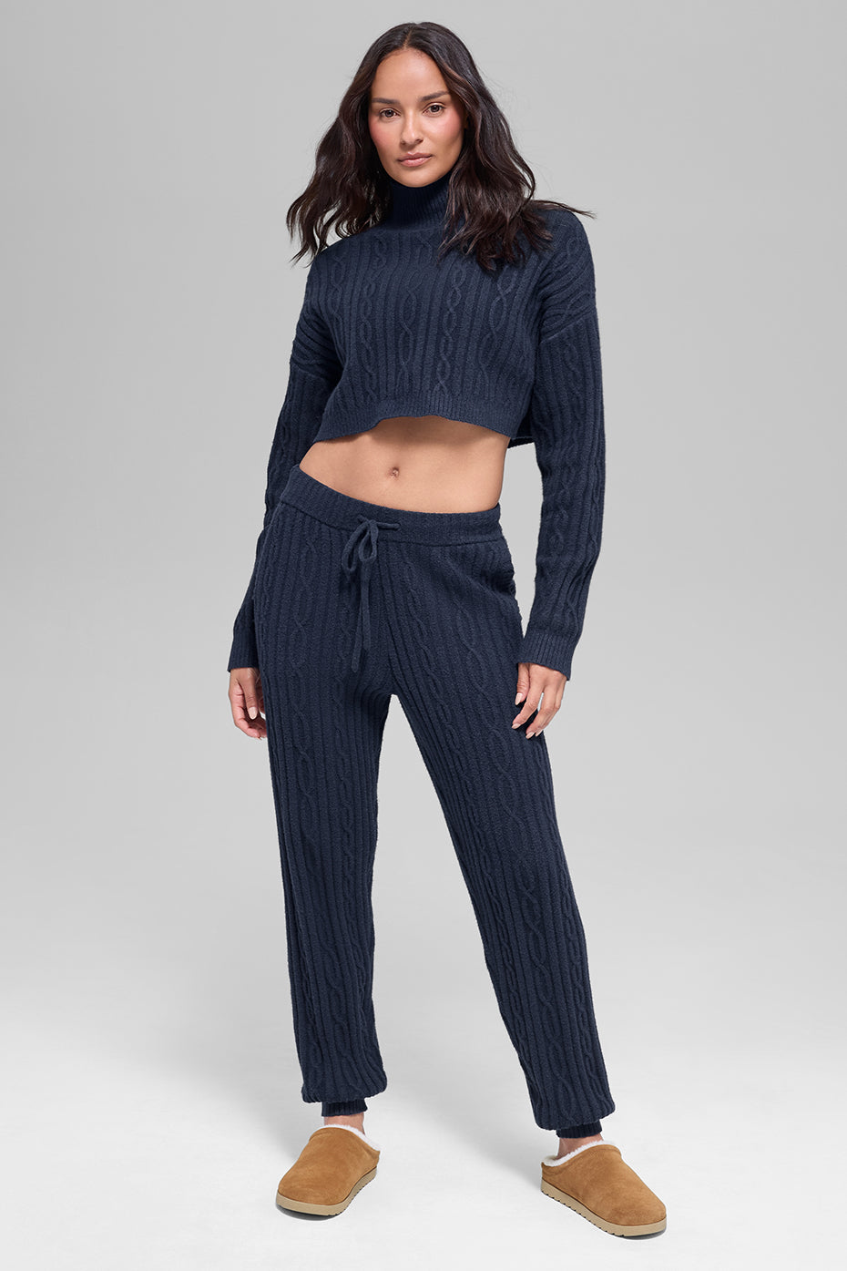 Cable Knit Cropped Winter Bliss Turtleneck Long Sleeve - Navy