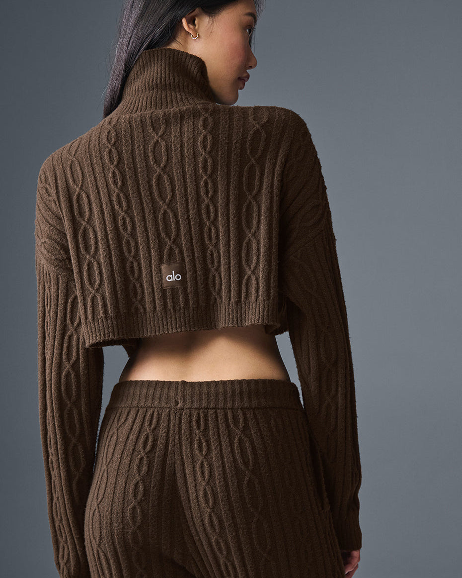 Cable Knit Cropped Winter Bliss Turtleneck Long Sleeve - Espresso