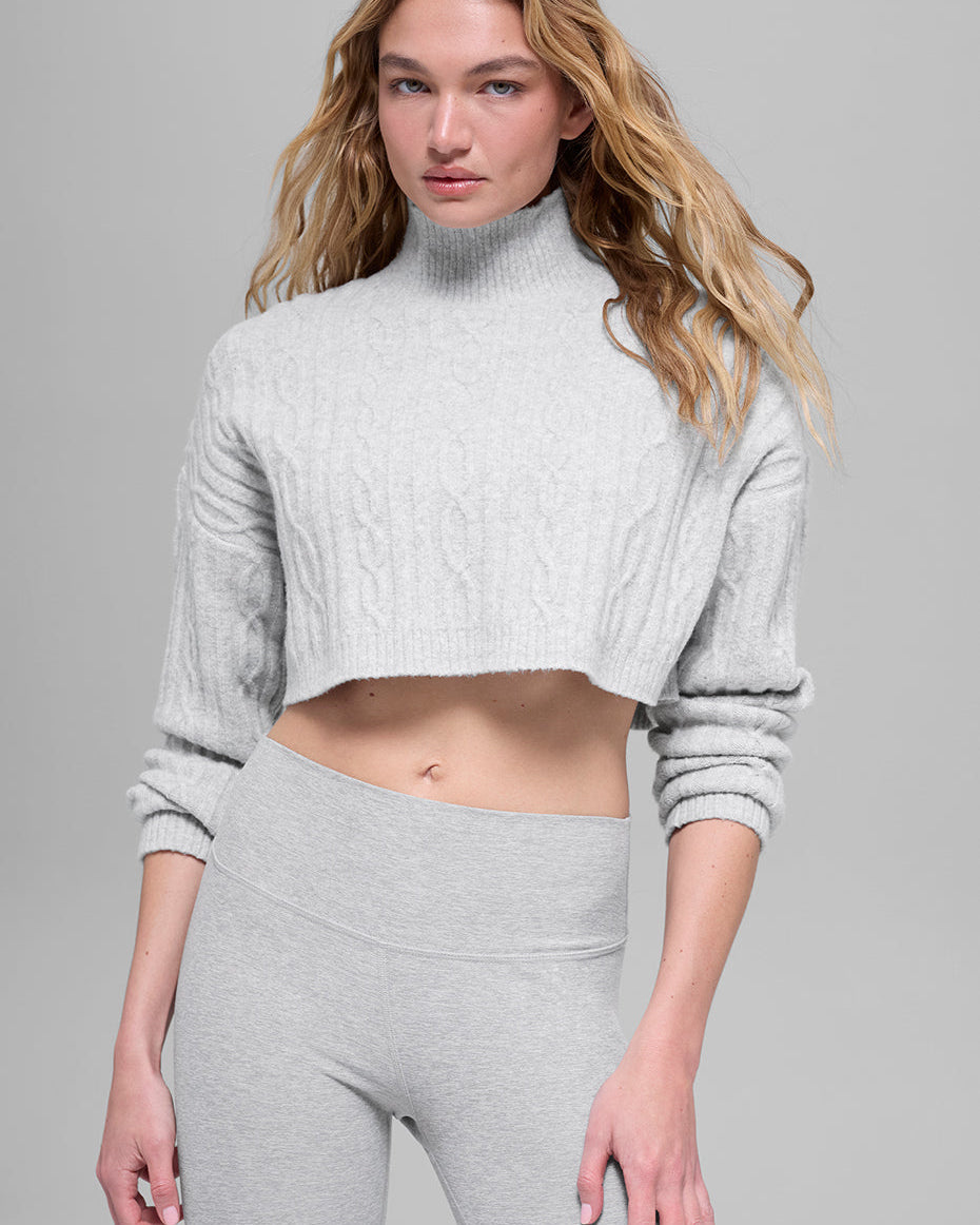 Cable Knit Cropped Winter Bliss Turtleneck Long Sleeve - Athletic Heather Grey