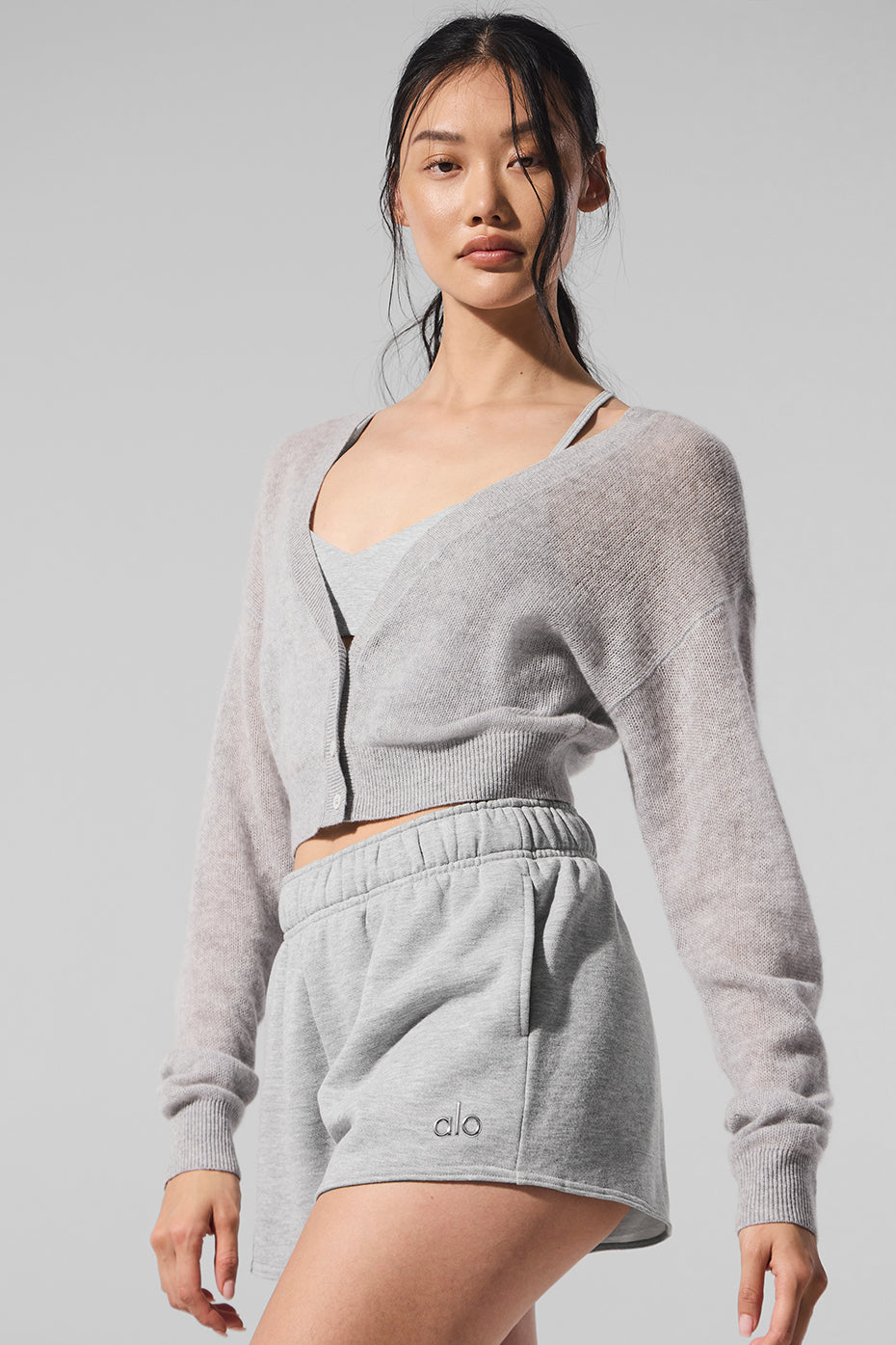Sheer Cashmere Cropped Cardigan - Athletic Heather Grey