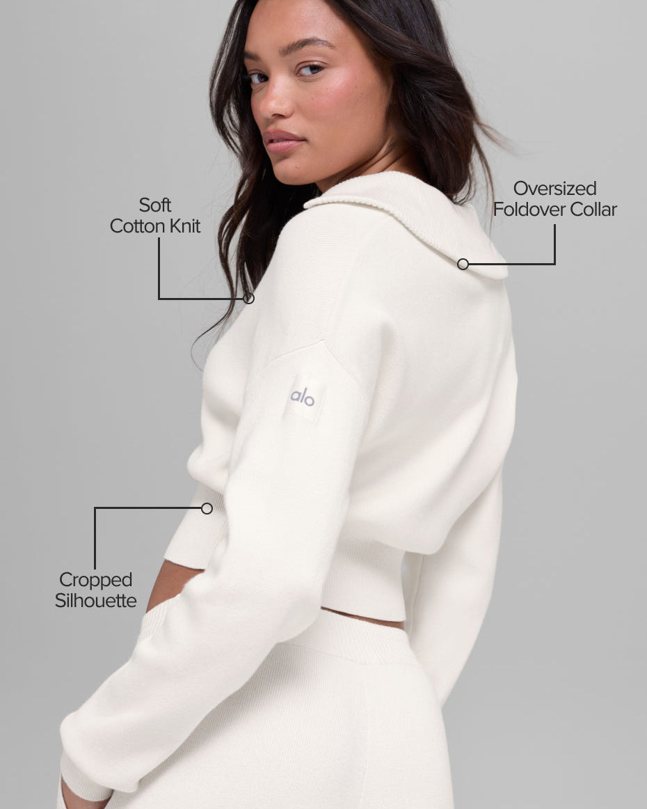 Scholar Knit Cropped Full Zip Jacket - Ivory