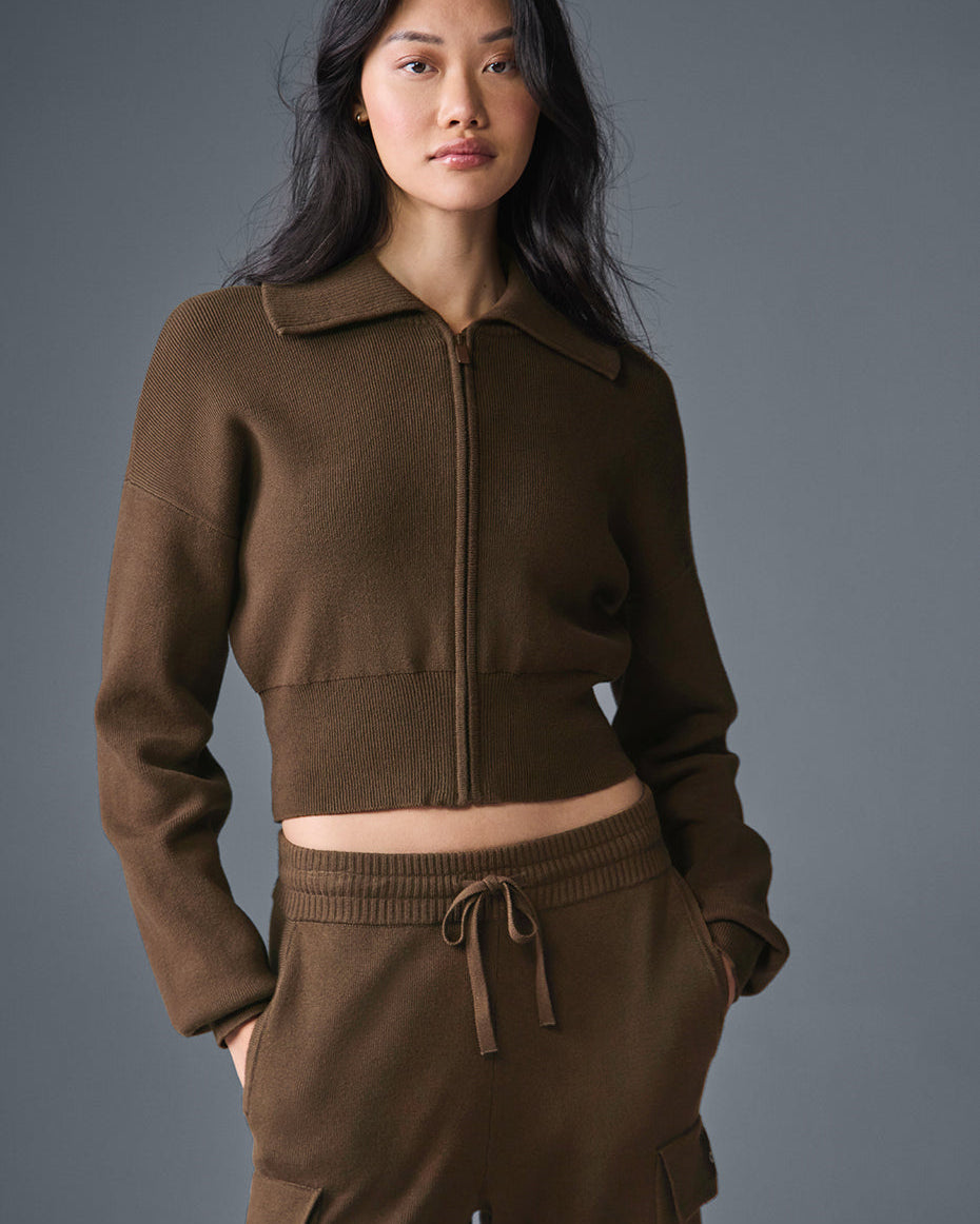 Scholar Knit Cropped Full Zip Jacket - Espresso