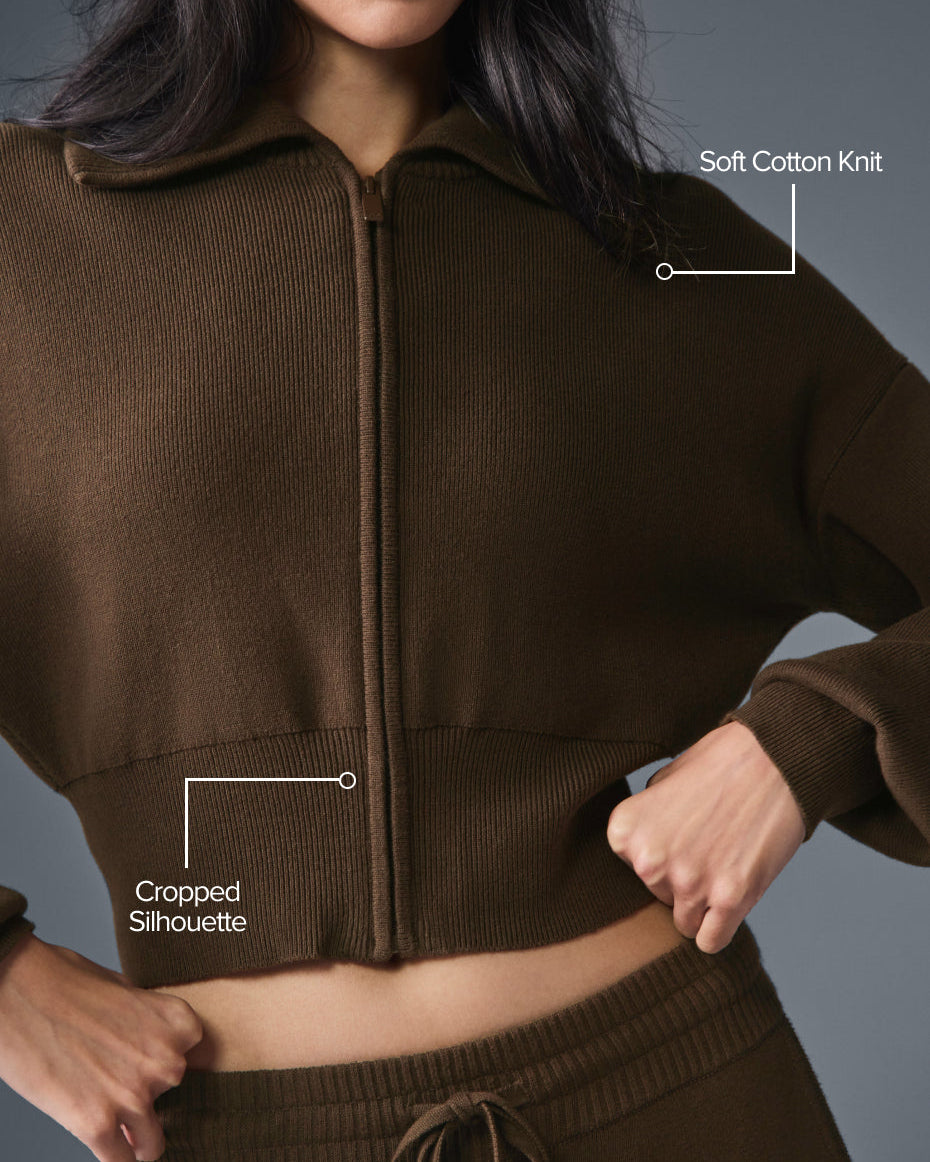 Scholar Knit Cropped Full Zip Jacket - Espresso
