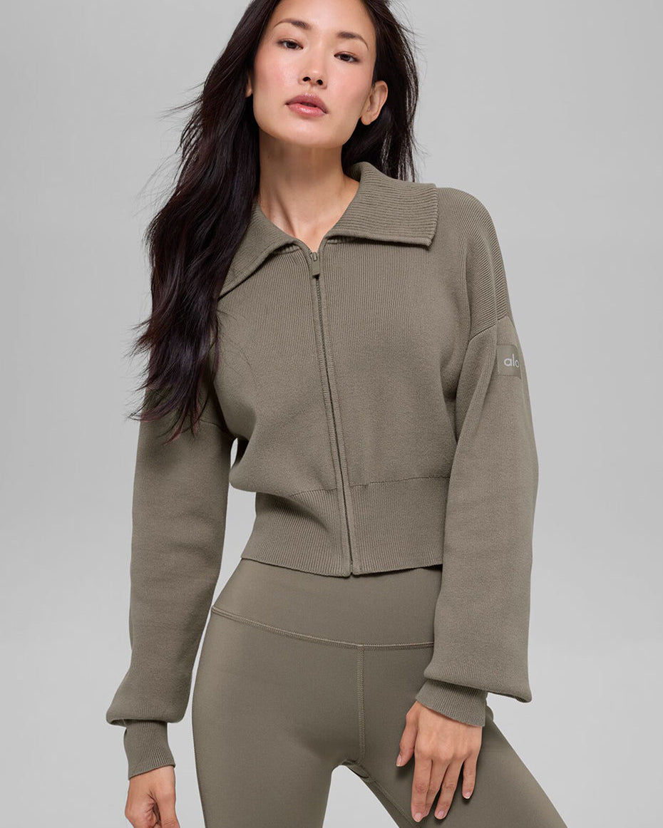 Scholar Knit Cropped Full Zip Jacket - Light Cocoa