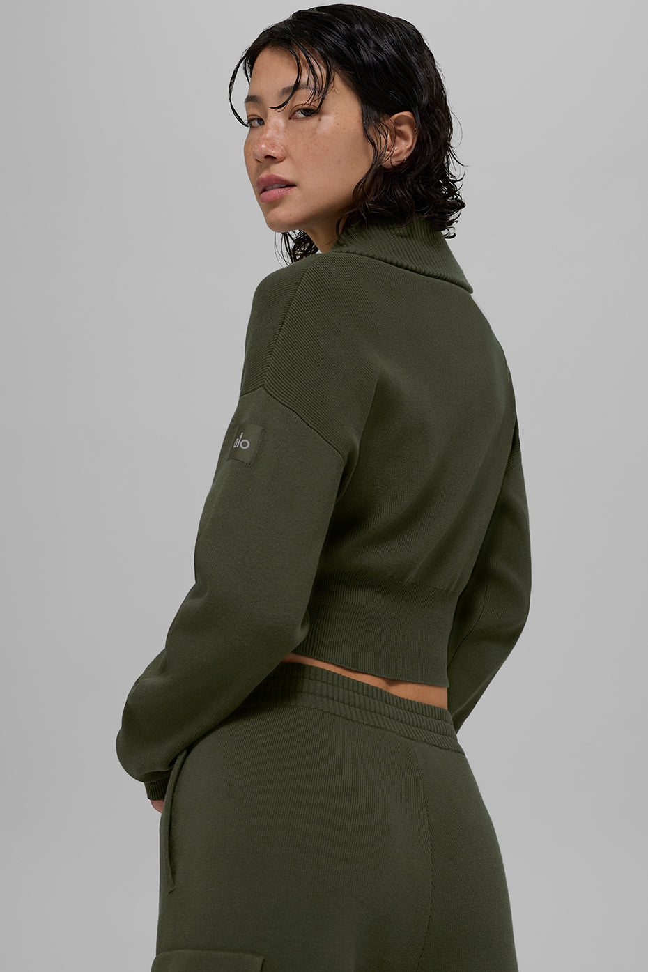 Scholar Knit Cropped Full Zip Jacket - Green Olive