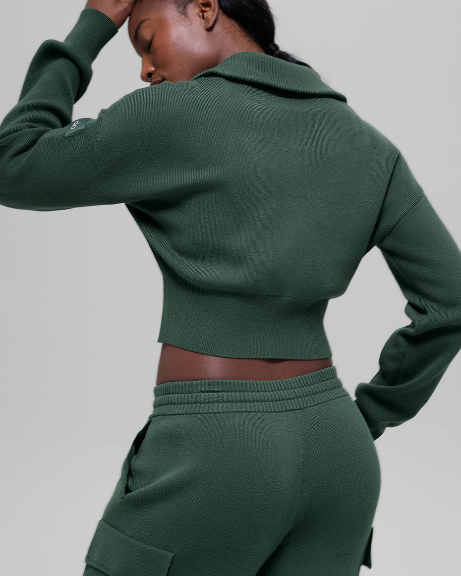 Scholar Knit Cropped Full Zip Jacket - Clover Green