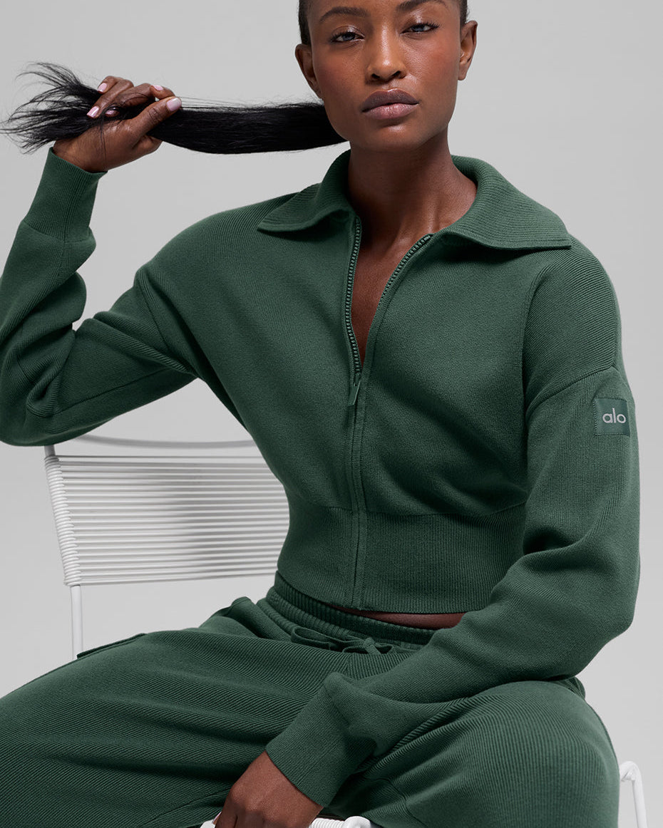 Scholar Knit Cropped Full Zip Jacket - Clover Green