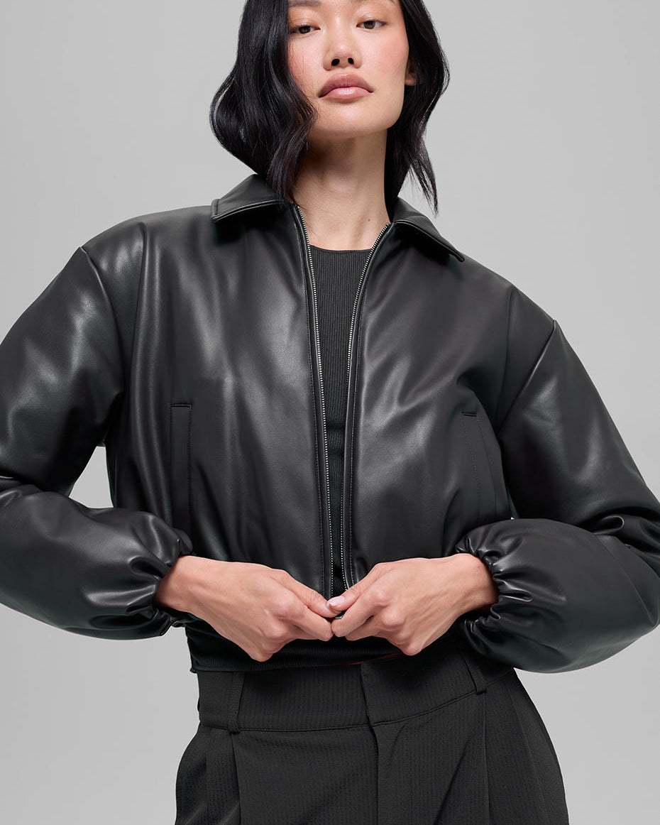 Faux Leather Cropped Premier Bomber - Black