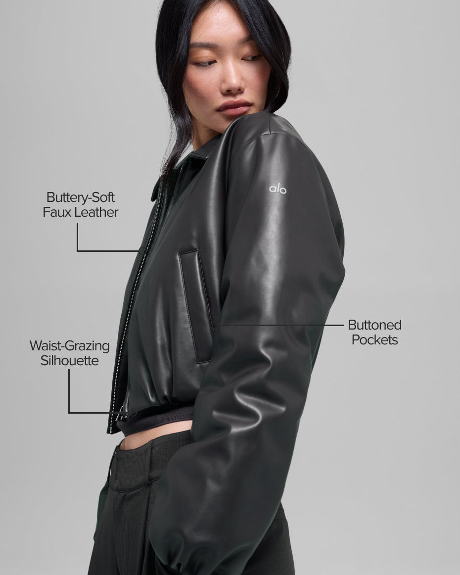 Faux Leather Cropped Premier Bomber - Black